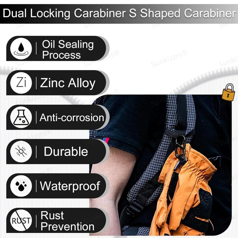 Sunkizzrs ® كارابينر مزدوج الخطاف (60 مم، عبوة من 10) - خطافات تصميم سريع الإطلاق لحامل المفاتيح - خطافات متعددة الاستخدامات - مشابك كارابينر من سبيكة الزنك ضد السرقة لحقائب الظهر، التخييم، البستنة، الهواء الطلق - Image 5