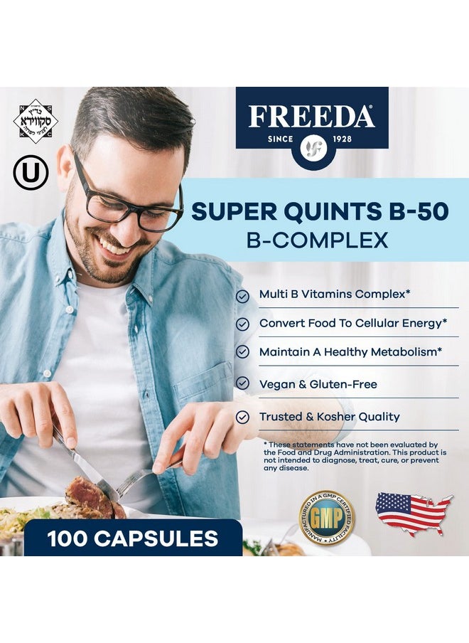 Freeda FREEDA Vitamin B Complex - Kosher Super B Complex Vitamin Supplement for Women & Men with Biotin, Vitamin B12, B1, B2, B3, B6, Folic Acid - Energy Metabolism Booster - Super Quints B-50, 100 Capsules  - Image 1