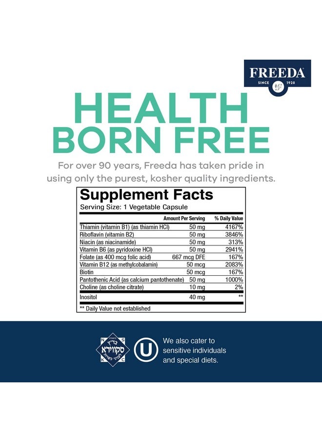Freeda FREEDA Vitamin B Complex - Kosher Super B Complex Vitamin Supplement for Women & Men with Biotin, Vitamin B12, B1, B2, B3, B6, Folic Acid - Energy Metabolism Booster - Super Quints B-50, 100 Capsules  - Image 2