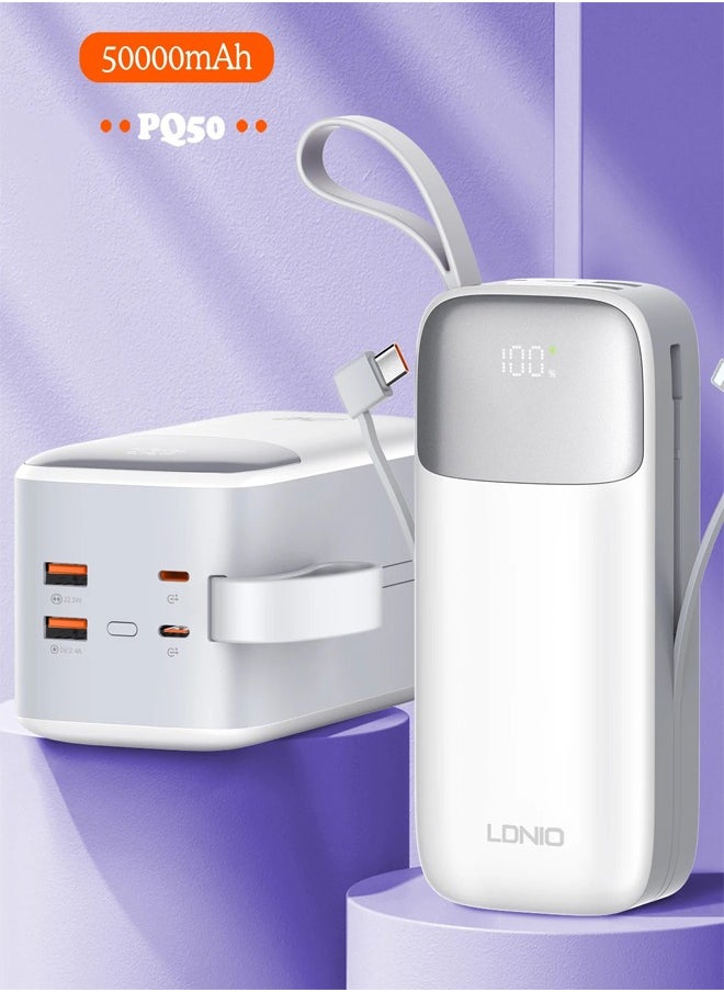 LDNIO - 50000mAh Power Bank 2USB-A Fast Charging Power Banks smart LED Display with in-Built Type C and lighting Charging Cable White - Image 1