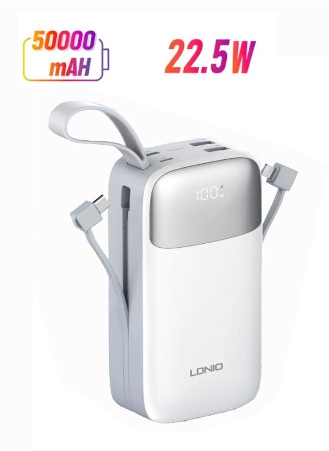 LDNIO - 50000mAh Power Bank 2USB-A Fast Charging Power Banks smart LED Display with in-Built Type C and lighting Charging Cable White - Image 1