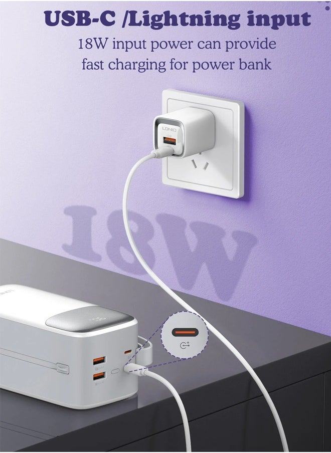 LDNIO - 50000mAh Power Bank 2USB-A Fast Charging Power Banks smart LED Display with in-Built Type C and lighting Charging Cable White - Image 1