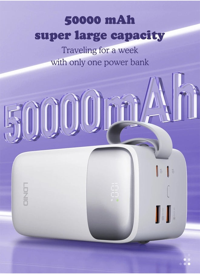 LDNIO - 50000mAh Power Bank 2USB-A Fast Charging Power Banks smart LED Display with in-Built Type C and lighting Charging Cable White - Image 1