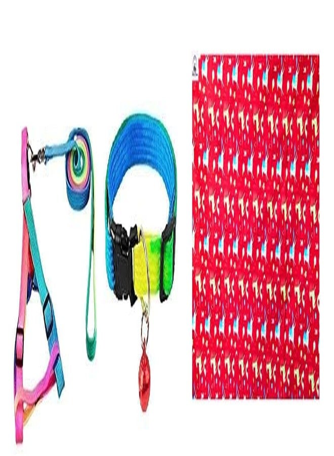 Penta Paws Colorful Adjustable Nylon 15MM Puppy Leash Harness and Rainbow Collar Set Suitable and Pet Cooling Mat - 71 x 55 CM Ice Silk Cooling Mat for Dogs & Cats (Blue, S)
