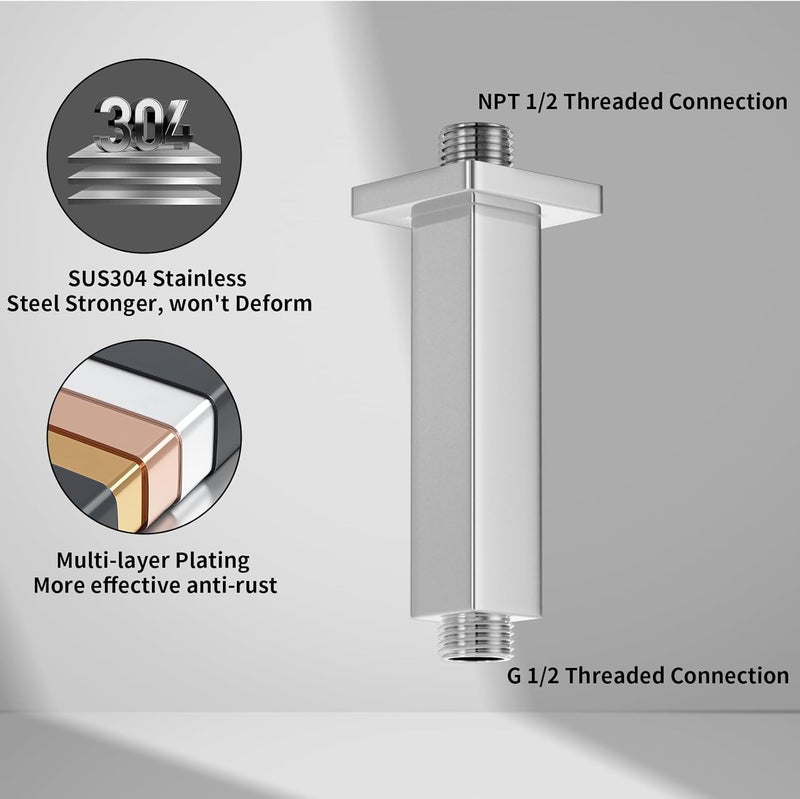 KATAIS Chrome 4 inch Straight Shower Arm, Ceiling Mount Square Shower Head Extension Arm with Flange, for Fixed Shower Head & Handheld Showerhead - Image 1