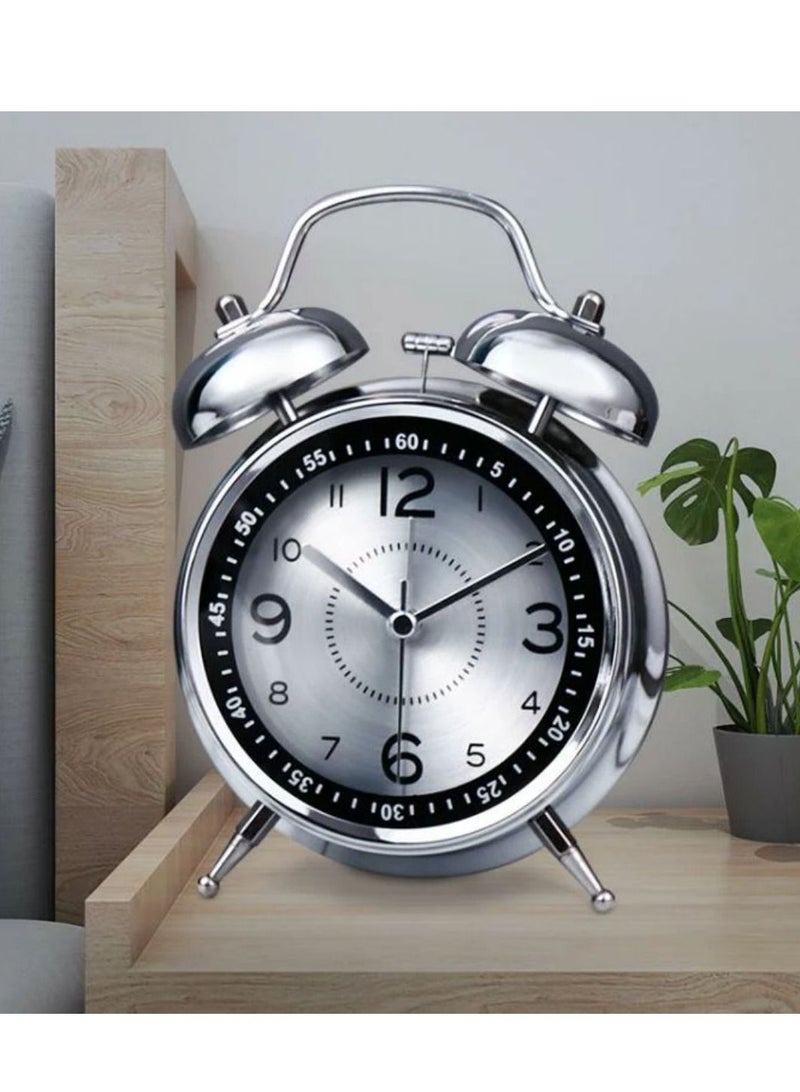 NIBEMINENT Loud Alarm Clock for Heavy Sleepers Adults, Retro 4 Inch Silent Non-Ticking Quartz with Backlight, Twin Bell Analog Kids Clocks Bedrooms Bedside Silver - Image 5