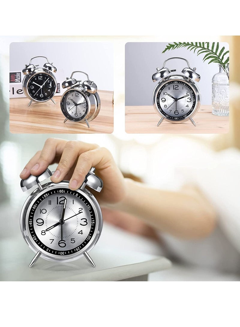 NIBEMINENT Loud Alarm Clock for Heavy Sleepers Adults, Retro 4 Inch Silent Non-Ticking Quartz with Backlight, Twin Bell Analog Kids Clocks Bedrooms Bedside Silver - Image 3