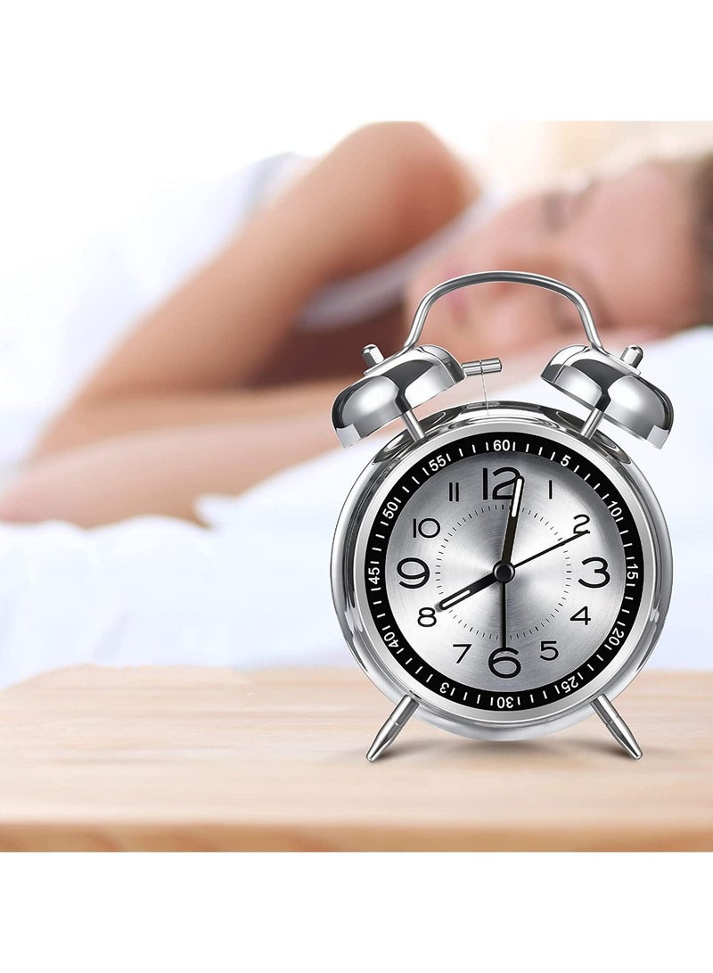 NIBEMINENT Loud Alarm Clock for Heavy Sleepers Adults, Retro 4 Inch Silent Non-Ticking Quartz with Backlight, Twin Bell Analog Kids Clocks Bedrooms Bedside Silver - Image 1