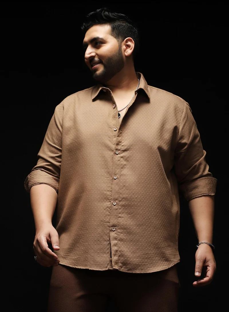 Instafab Plus Instafab Plus Men's Mocha Brown Indie-Motif Jacquard Shirt | Spread Collar , Long Cuffed Sleeves , Button Closure , Curved Hemline | Geometric Jacquard Cotton-Blend Material For Casual & Evening Wear
