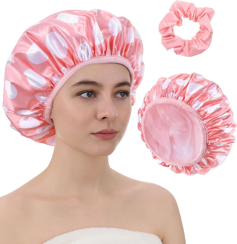 Shower Cap for Women Cute Pink Large Waterproof Shower Caps for Women UK Reusable Adjustable Design Protects Hair Dry in Bath Spa Cooking Travel Includes Hair Cap tie One Size