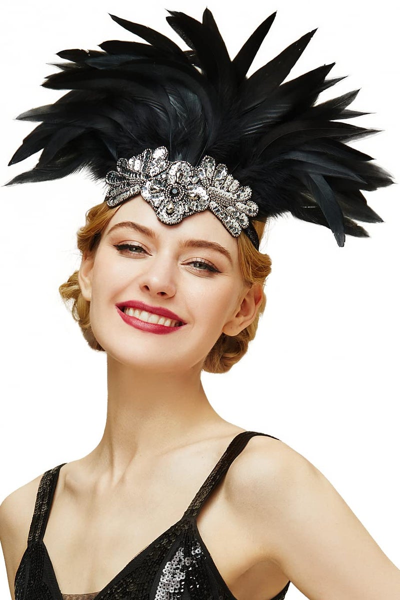 BABEYOND Carnival Feather Headpiece Showgirl Headband Women's Feather Pageant Headband 1920s Flapper Headband (Black) - Image 1