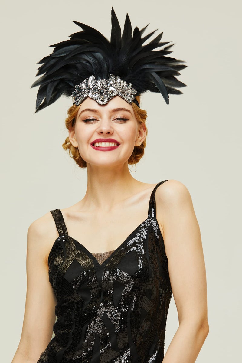 BABEYOND Carnival Feather Headpiece Showgirl Headband Women's Feather Pageant Headband 1920s Flapper Headband (Black) - Image 5