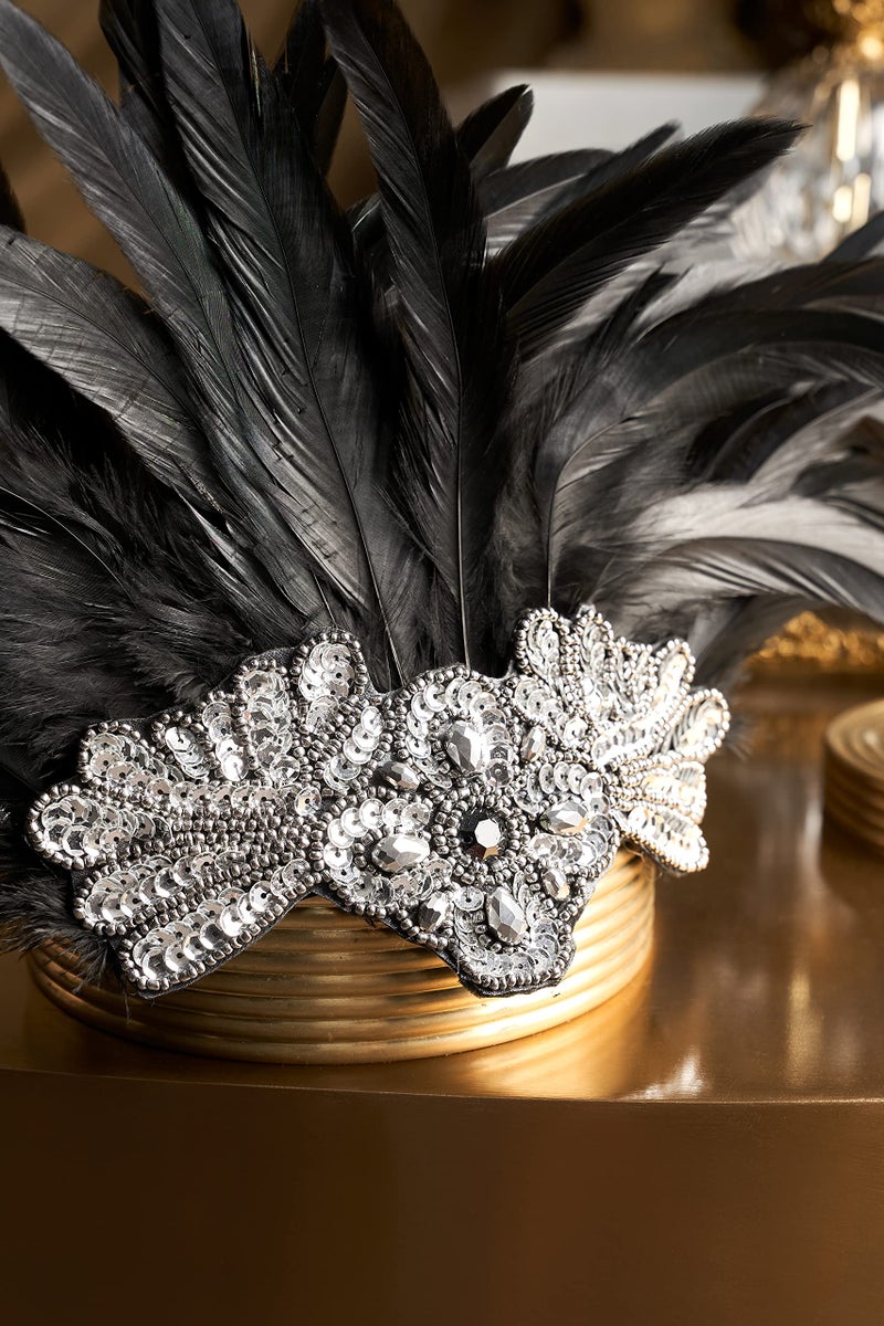 BABEYOND Carnival Feather Headpiece Showgirl Headband Women's Feather Pageant Headband 1920s Flapper Headband (Black) - Image 3