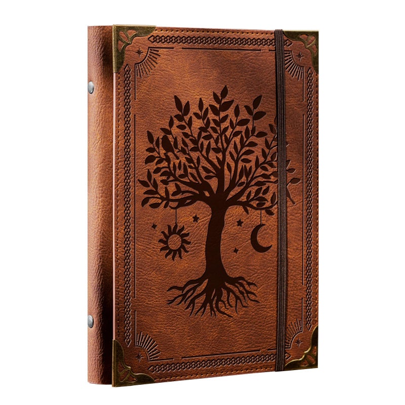 Ovesmusl PU Leather A5 Binder 6 Ring Refillable Journal Cover No Refill Paper A5 Planner Binder Loose Leaf Binder for Notebook 5.7â€x8.3â€ with Elastic Closure, Brown Tree - Image 1
