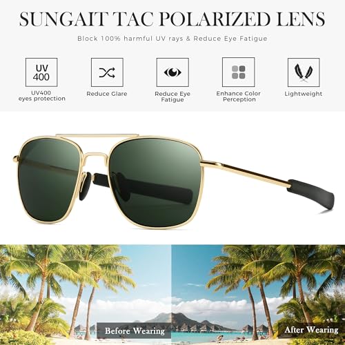 SUNGAIT Men's Military Style Polarized Pilot Aviator Sunglasses Bayonet Temples (Gold/Green (Spring Hinge)) - Image 3