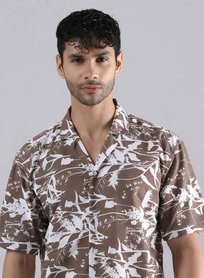 Take Two Men Brown Nature Burst Print Shirt