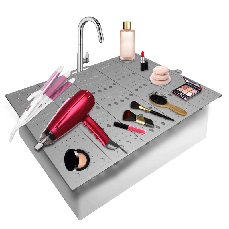 Mofason Bathroom Sink Top Cover Space SaverSilicone Makeup Organizer Mat for Over CountertopSmall Bathroom Must Haves Accessories Rv Camper Travel Foldable GadgetsGrey