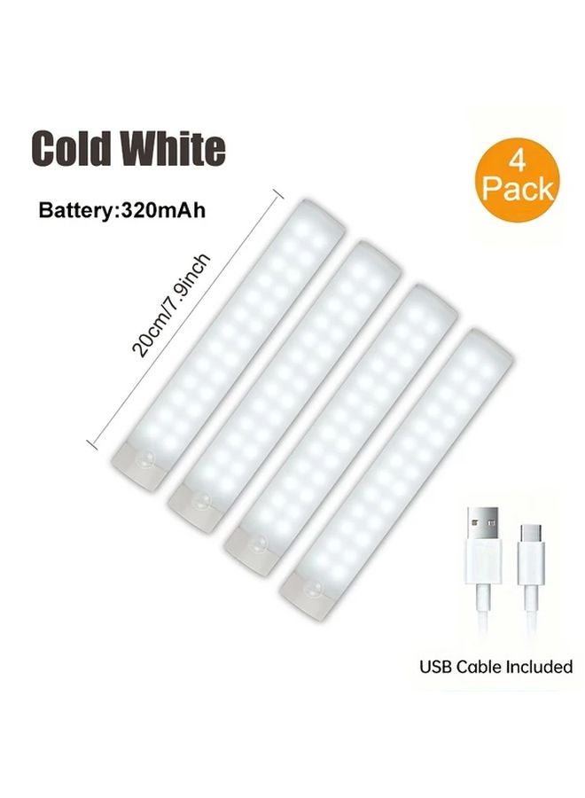 4 قطع أضواء خزانة LED قابلة لإعادة الشحن عبر USB مع مستشعر حركة باردة بيضاء 20 سم تحت الخزانة - Image 1