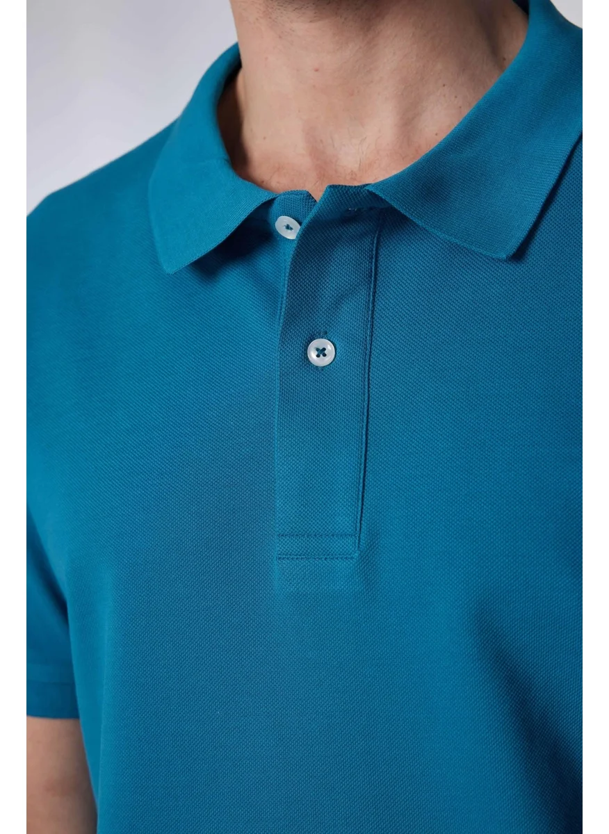 Tudors Men's Slim Fit Narrow Cut Cotton Plain Pique Blue Polo Collar T-Shirt