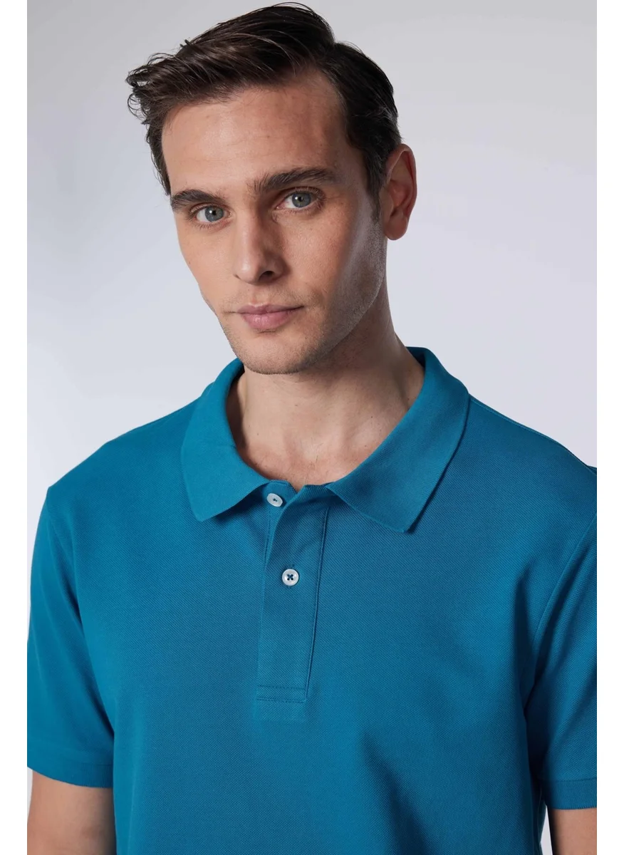 Tudors Men's Slim Fit Narrow Cut Cotton Plain Pique Blue Polo Collar T-Shirt