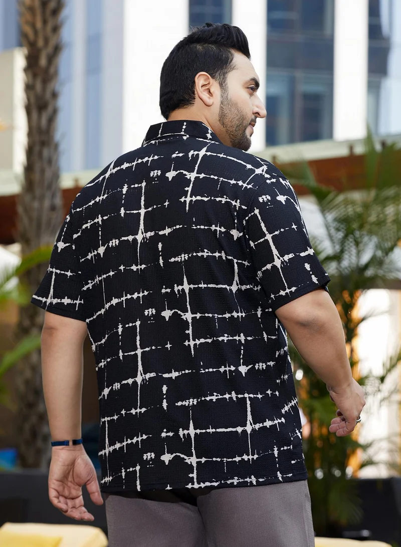 Instafab Plus Instafab Plus Men's Onyx Black Inkbound Pattern Shirt For Casual Wear | Cuban Collar | Short Regular Sleeves | Button Closure | Plus Size Shirt Crafted With Comfort Fit For Everyday Wear