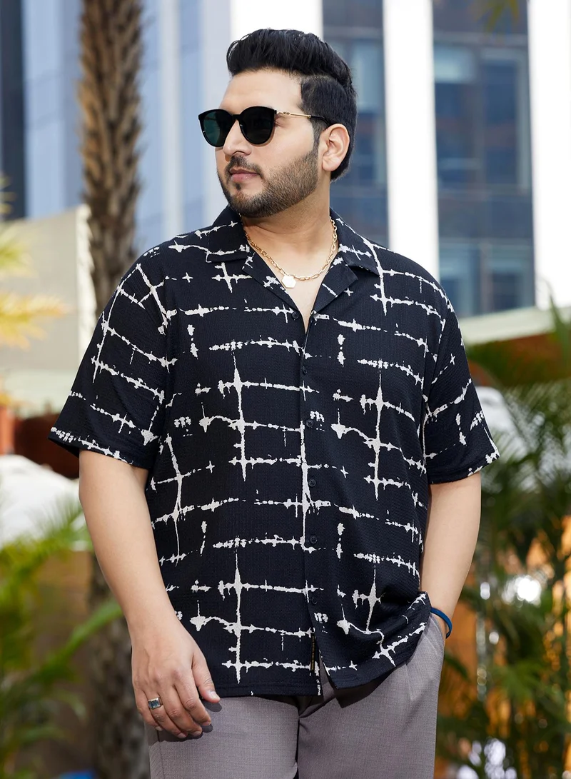 Instafab Plus Instafab Plus Men's Onyx Black Inkbound Pattern Shirt For Casual Wear | Cuban Collar | Short Regular Sleeves | Button Closure | Plus Size Shirt Crafted With Comfort Fit For Everyday Wear