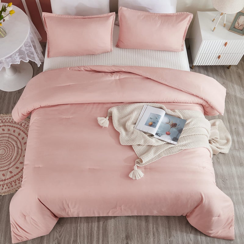 Litanika Pink Twin Comforter Set for Girls  2 Pieces Kids Blush Plain Bedding Comforter Set  All Season Bed Set (66x90In Comforter & 1 Pillowcase) - Image 2