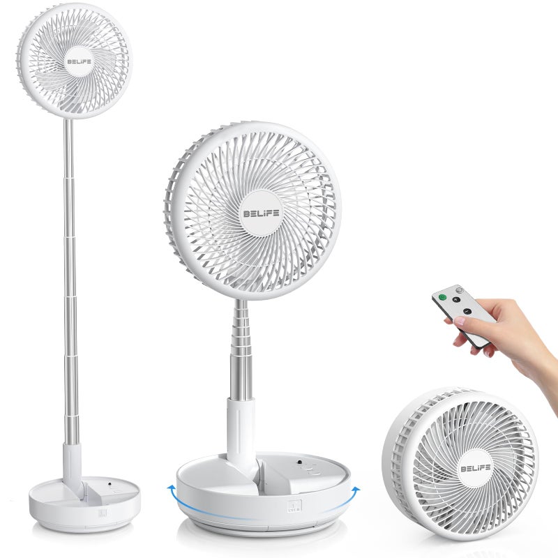 Belife X8 Portable Fan Cordless 7200mAh Battery Operated Oscillating Fan USB Rechargeable Desk Floor Fan with Remote Foldable Telescopic Fan for Home Bedroom Sleeping Office Camping Travel White