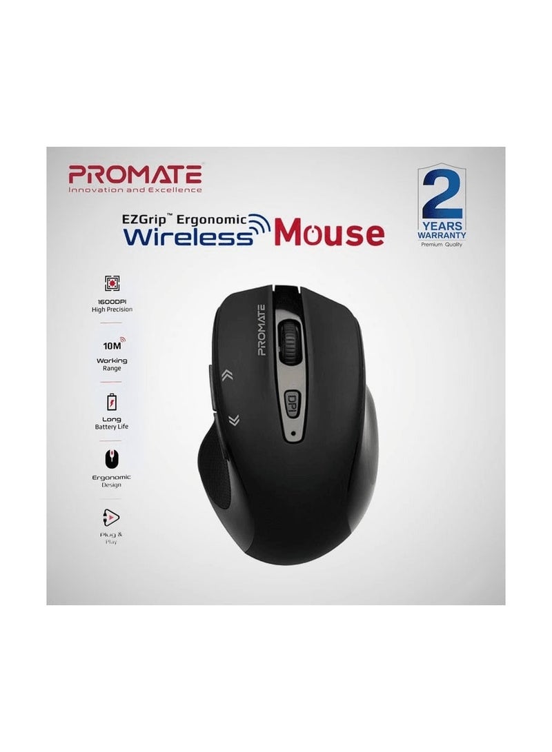 ماوس لاسلكي مريح من Cursor EZGrip 2.4 جيجا هرتز 10 متر نطاق عمل 2405-2475 ميجا هرتز 1600 نقطة في البوصة أسود عالي الدقة ضمان لمدة عامين PR0MATE - Image 1