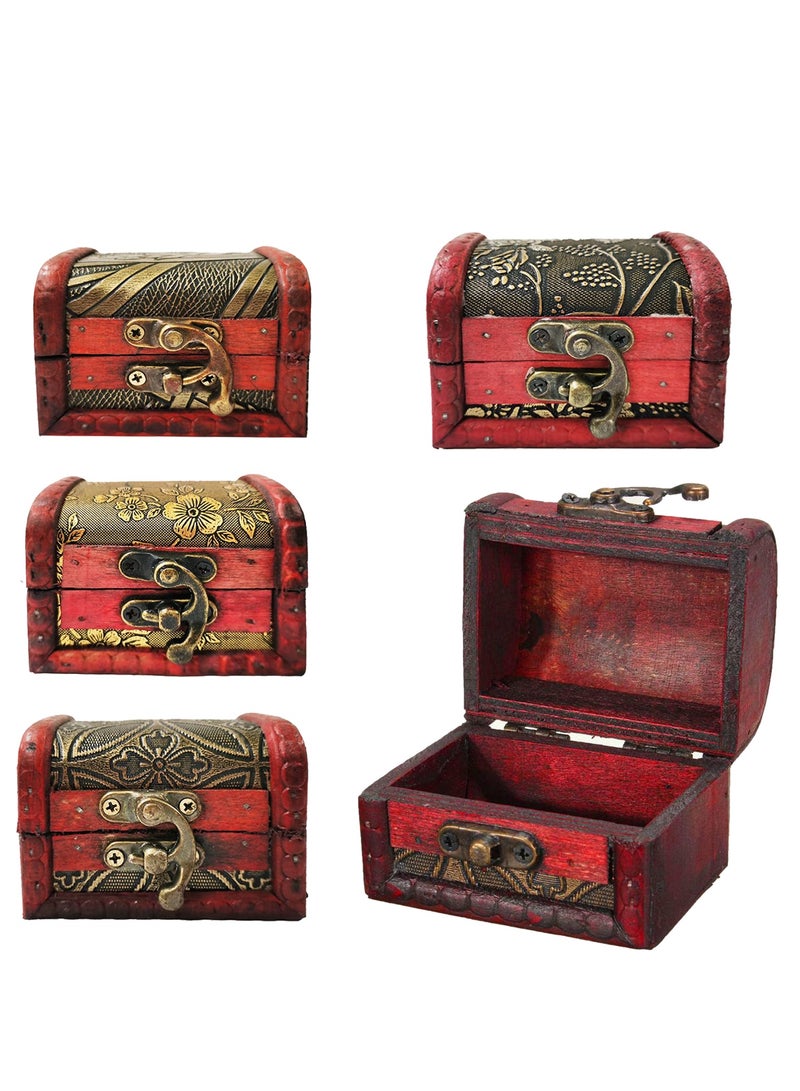 SOLARAE Vintage Small Jewelry Boxes, 5 Piece Set of Small Treasure Boxes Antique Design Wooden Storage Boxes with Metal Locks Treasure Organizer Gift Box Hinges and Latches for Crafts(Different Patterns) - Image 1