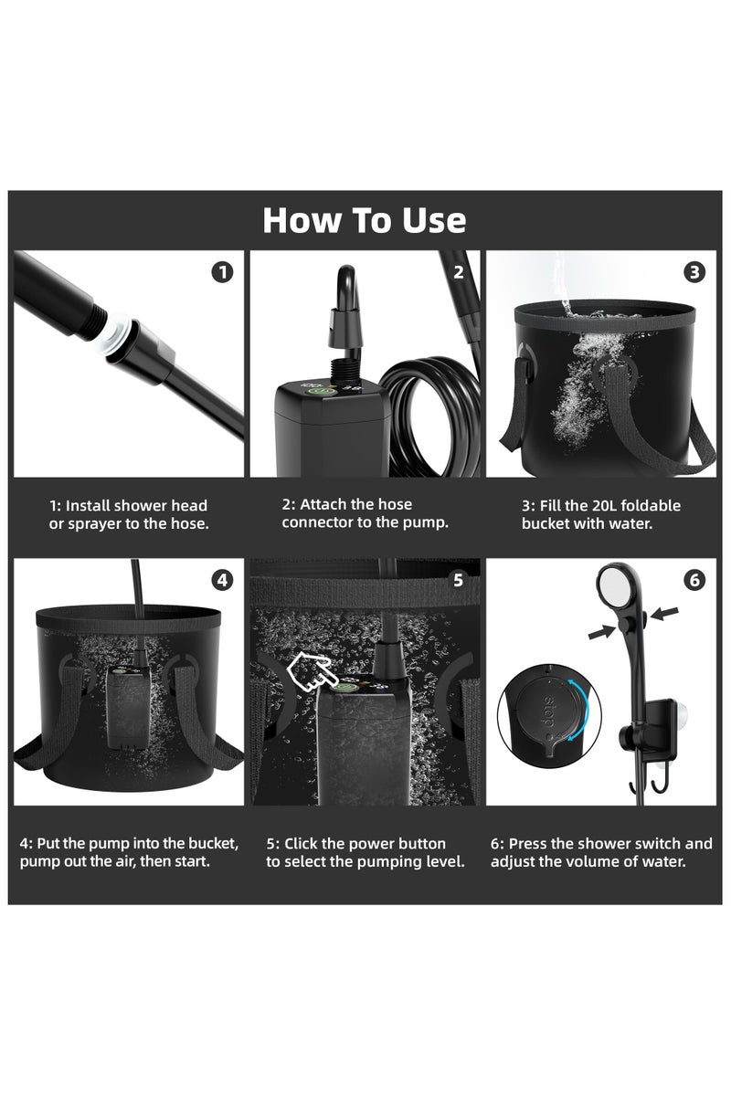 Portable Camping Shower, 6000mAh Rechargeable Shower Pump, LED Display Spray Gun & 20 L Foldable Bucket, Outdoor Shower for Outdoor Camping Hiking,Beach, Travel, Pet Bath, Car Washing, Surf & Boat Cleaning - Image 2