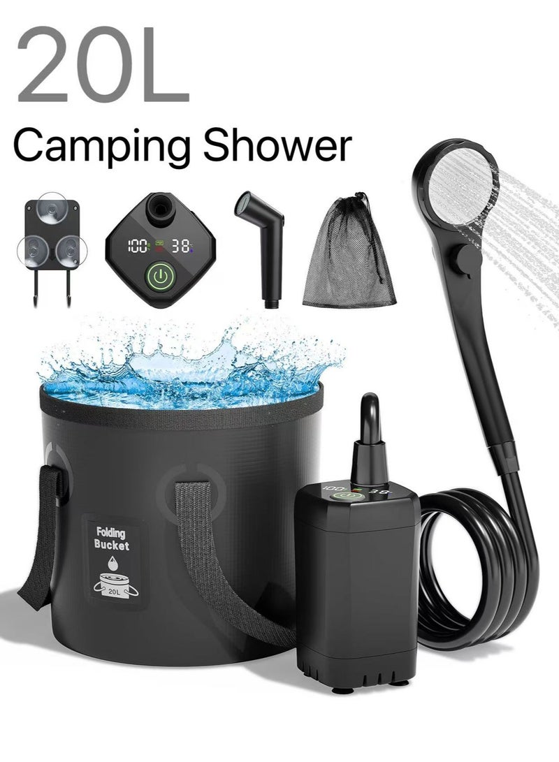 Portable Camping Shower, 6000mAh Rechargeable Shower Pump, LED Display Spray Gun & 20 L Foldable Bucket, Outdoor Shower for Outdoor Camping Hiking,Beach, Travel, Pet Bath, Car Washing, Surf & Boat Cleaning - Image 1