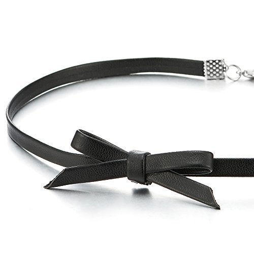 COOLSTEELANDBEYOND Women’s Black Faux Leather Bow Choker Necklace With Adjustable Extension Chain, Minimalist Ribbon Collar, Emo Goth Style - Image 2