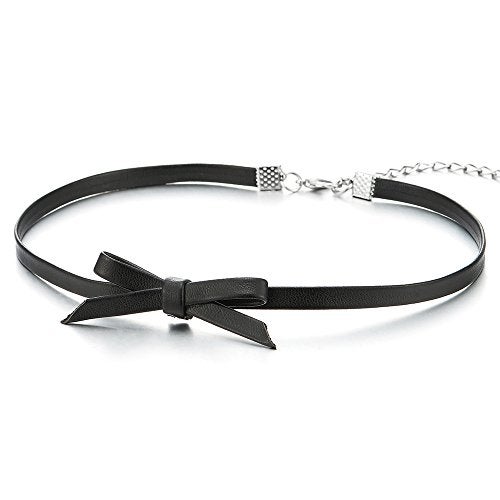 COOLSTEELANDBEYOND Women’s Black Faux Leather Bow Choker Necklace With Adjustable Extension Chain, Minimalist Ribbon Collar, Emo Goth Style - Image 1