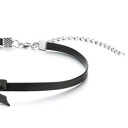 COOLSTEELANDBEYOND Women’s Black Faux Leather Bow Choker Necklace With Adjustable Extension Chain, Minimalist Ribbon Collar, Emo Goth Style - Image 3