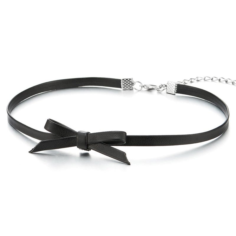COOLSTEELANDBEYOND Women’s Black Faux Leather Bow Choker Necklace With Adjustable Extension Chain, Minimalist Ribbon Collar, Emo Goth Style - Image 5