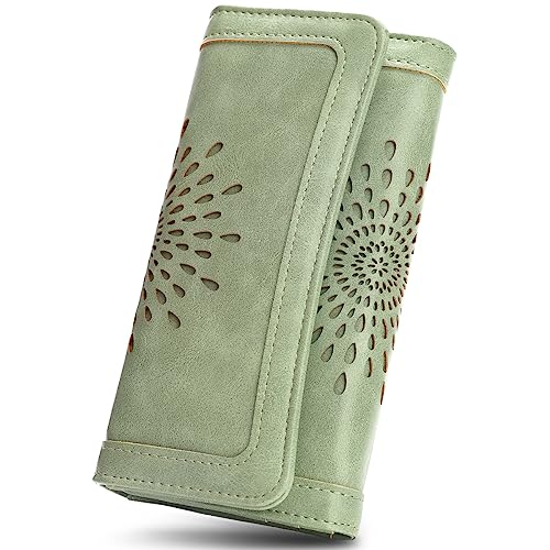 APHISON Womens Wallets RFID Blocking PU Leather Clutch Long Wallet for Women Card Holder Phone Organizer Ladies Travel Purse Hollow Out Sunflower Design Gift Box 2214GREEN - Image 1