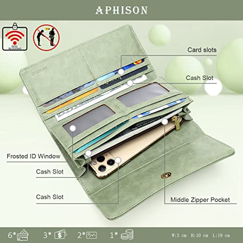 APHISON Womens Wallets RFID Blocking PU Leather Clutch Long Wallet for Women Card Holder Phone Organizer Ladies Travel Purse Hollow Out Sunflower Design Gift Box 2214GREEN - Image 2