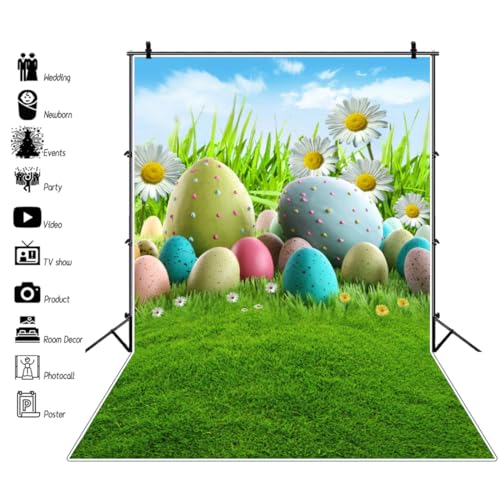 AOFOTO 5x7ft Easter Photo Backdrop Colorful Eggs Easter Props Spring Meadow Flowers Clouds Photography Background for Newborn Girl Boy Kid Birthday Party Decor Banner Baby Shower Portrait Photoshoot - Image 3