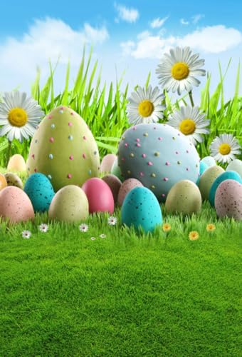 AOFOTO 5x7ft Easter Photo Backdrop Colorful Eggs Easter Props Spring Meadow Flowers Clouds Photography Background for Newborn Girl Boy Kid Birthday Party Decor Banner Baby Shower Portrait Photoshoot - Image 1