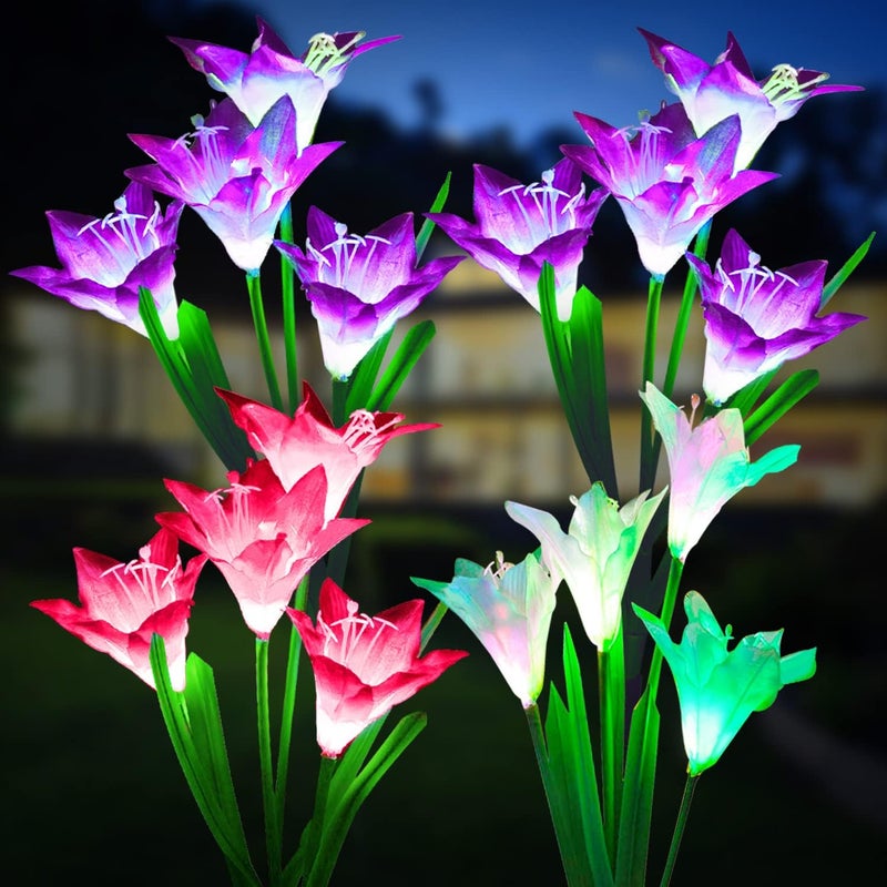 KOOPER Outdoor Solar Lights, 4 Pack Solar Garden Light with Bigger Lily Flowers, Waterproof 7 Color Changing Solar Lights Outdoor - Bigger Panel for Patio Yard Garden Decoration, Gift for Mom - Image 1