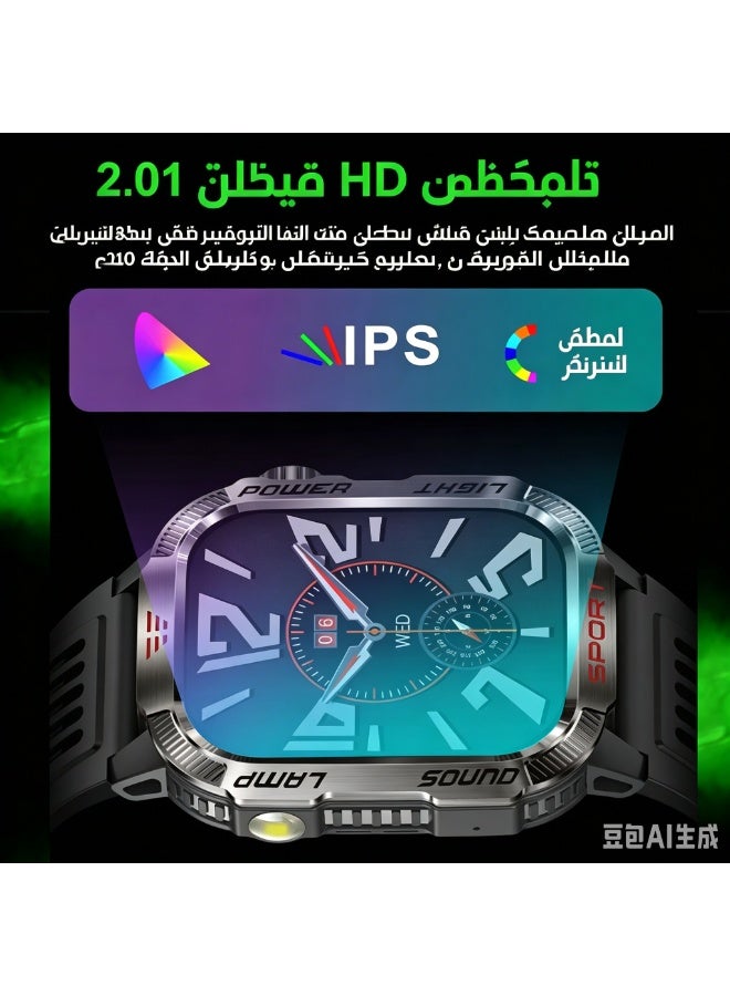 ساعة ذكية للرجال، 2.01 بوصة AMOLED، متتبع لياقة بدنية مع مكالمات بلوتوث، مراقب معدل ضربات القلب، مصباح يدوي، ليزر، بوصلة، متوافقة مع iOS وأندرويد - Image 2
