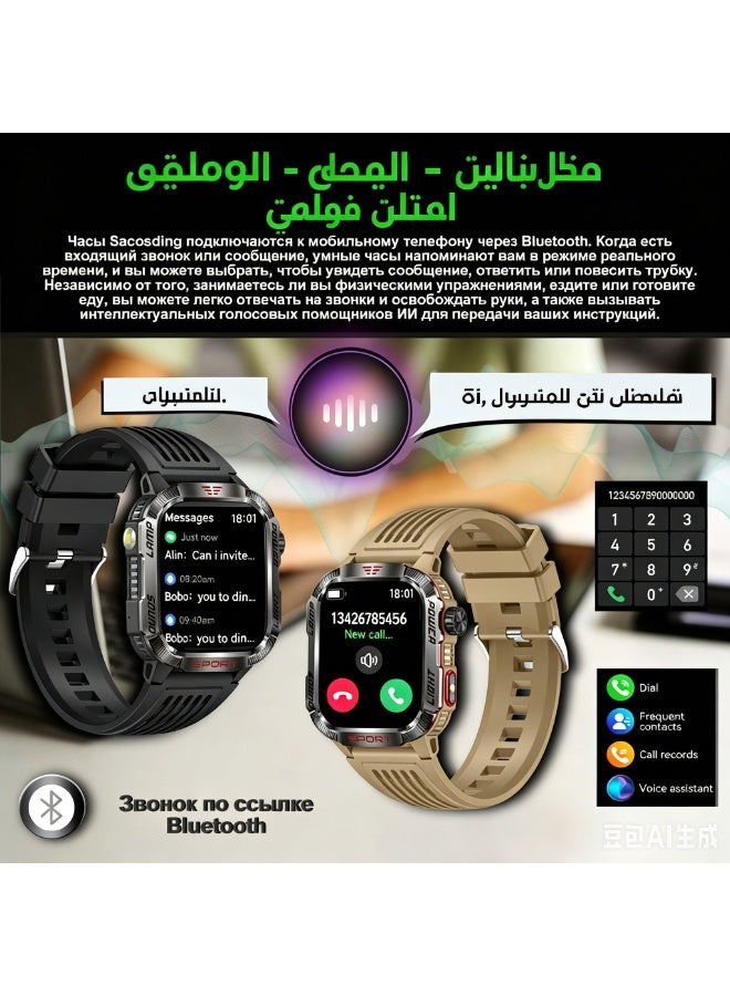 ساعة ذكية للرجال، 2.01 بوصة AMOLED، متتبع لياقة بدنية مع مكالمات بلوتوث، مراقب معدل ضربات القلب، مصباح يدوي، ليزر، بوصلة، متوافقة مع iOS وأندرويد - Image 3