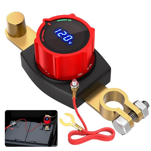 Joinfworld Top Post Battery Disconnect Switch 12V48V with Led Voltmeter DC 560V Battery Kill Switch Negative OnOff Battery Cut Off Switch for Marine Cars Vehicles RVs and Boats - Image 1