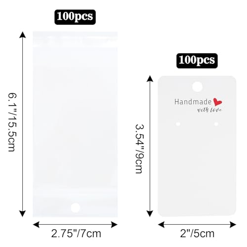 joycraft 100Pcs Earring Display Cards with Bags 2x35 inch Earring Display Holder Cards White Handmade with Love Earring Tags for Selling Hanging Earring DIY Jewelry Crafts Retail - Image 3