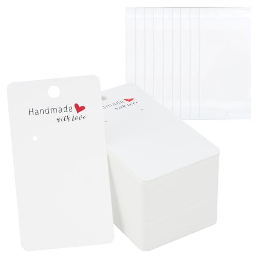 joycraft 100Pcs Earring Display Cards with Bags 2x35 inch Earring Display Holder Cards White Handmade with Love Earring Tags for Selling Hanging Earring DIY Jewelry Crafts Retail - Image 1
