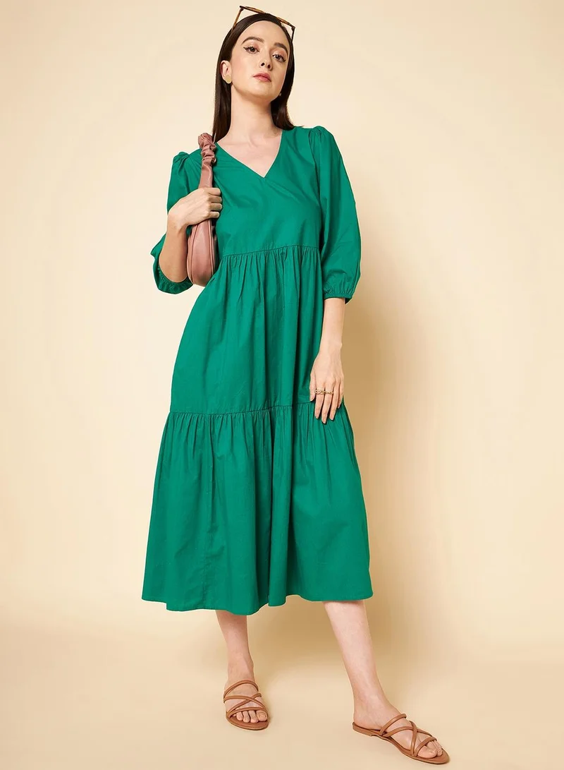 HIGH STAR Green A-Line Midi Dress for Women, Abstract Print, Tiered Cotton, High Waist