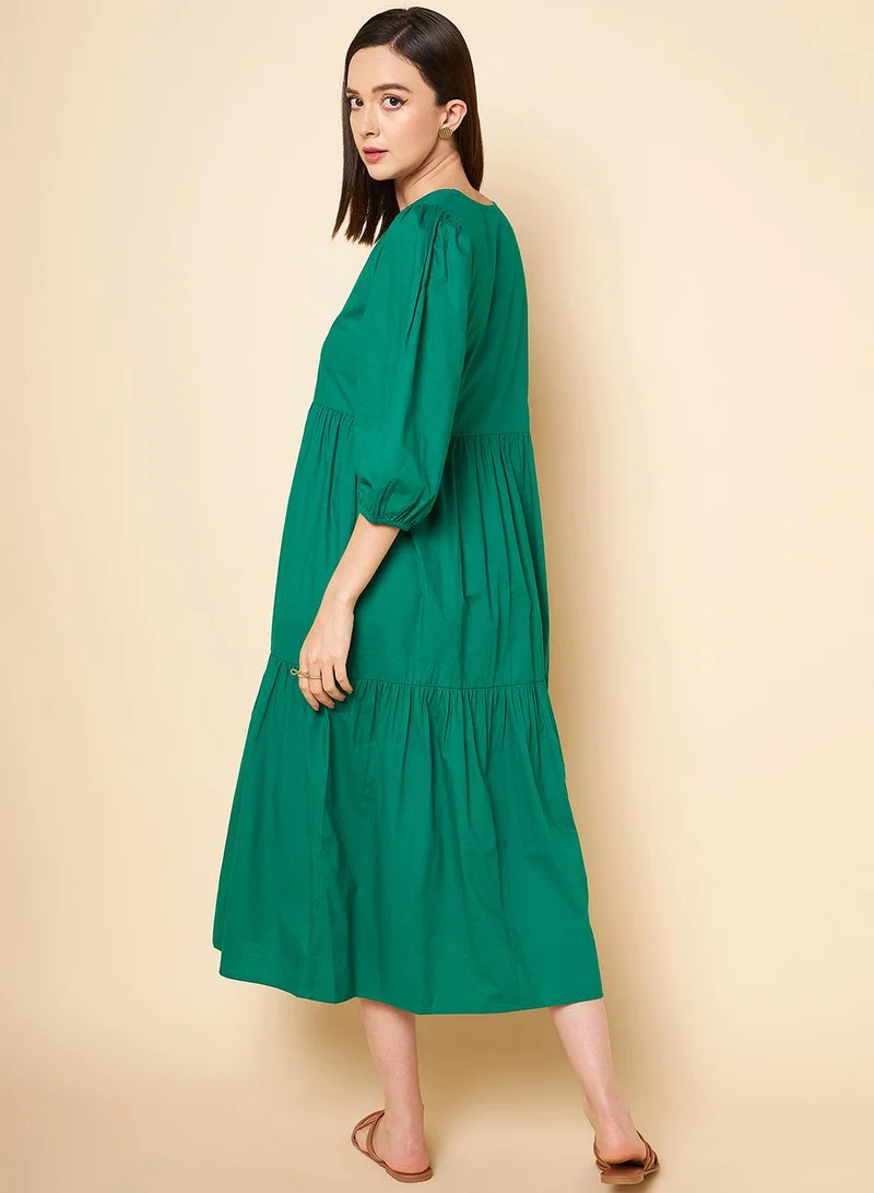 HIGH STAR Green A-Line Midi Dress for Women, Abstract Print, Tiered Cotton, High Waist