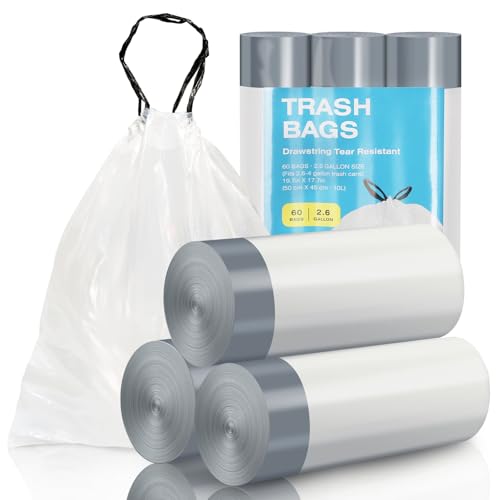 ELPHECO 2.6 Gallon Trash Bags 60 Counts - For 2.5-4 Gallon Trash Cans, Strong Drawstring Garbage Bags, Clear Leakage-Free Trash Bag, Tear free Garbage Bags, 60 Count / 3 Rolls - Image 1