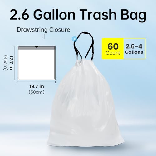 ELPHECO 2.6 Gallon Trash Bags 60 Counts - For 2.5-4 Gallon Trash Cans, Strong Drawstring Garbage Bags, Clear Leakage-Free Trash Bag, Tear free Garbage Bags, 60 Count / 3 Rolls - Image 2